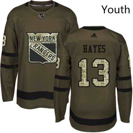 Youth Adidas New York Rangers 13 Kevin Hayes Authentic Green Salute to Service NHL Jersey